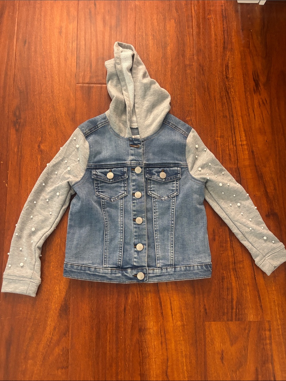 Pinc Premium Blue Denim Jacket with Gray Hood and Pearl Sleeve Accents